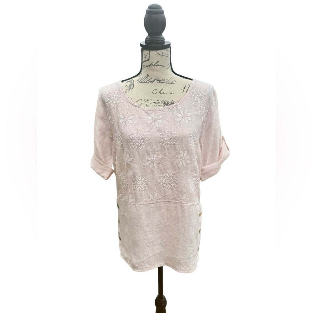 Lungo L’Arno Embroidered Linen Tunic Top Pullover Blush Womens Size Medium